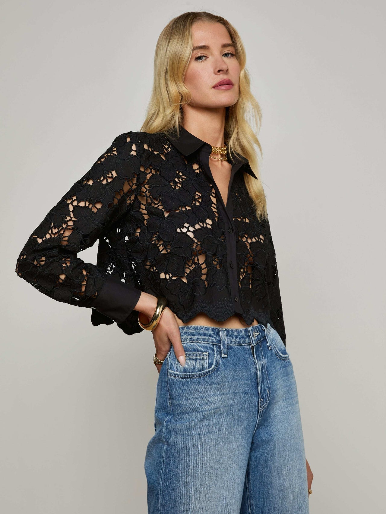Seychelle Cropped Eyelet Blouse in Black | L'AGENCE Women