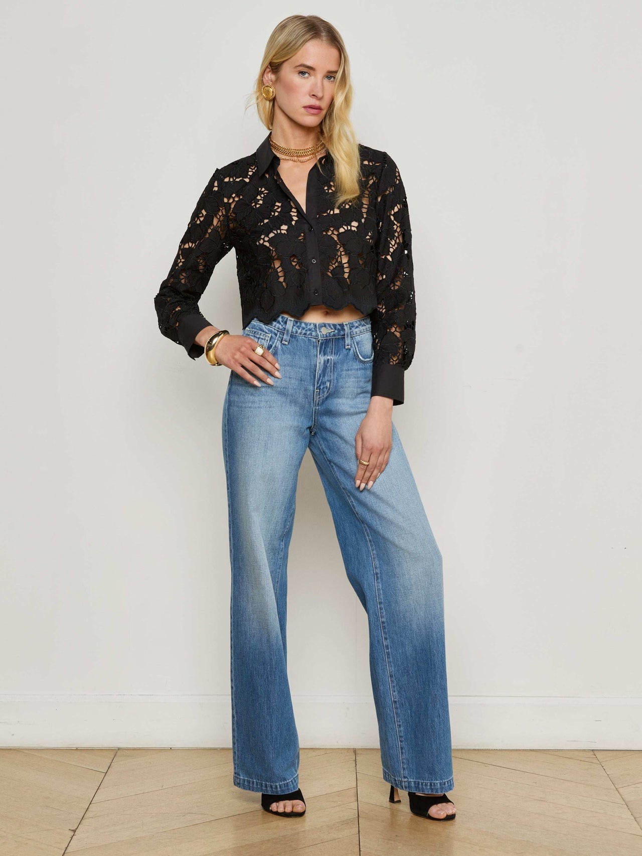 Seychelle Cropped Eyelet Blouse in Black | L'AGENCE Women