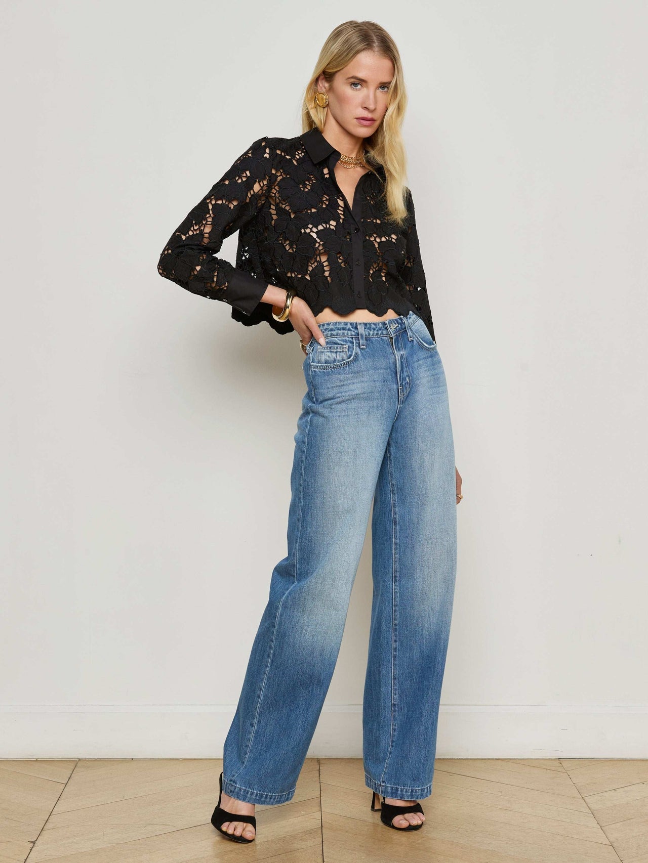 Seychelle Cropped Eyelet Blouse in Black | L'AGENCE Women