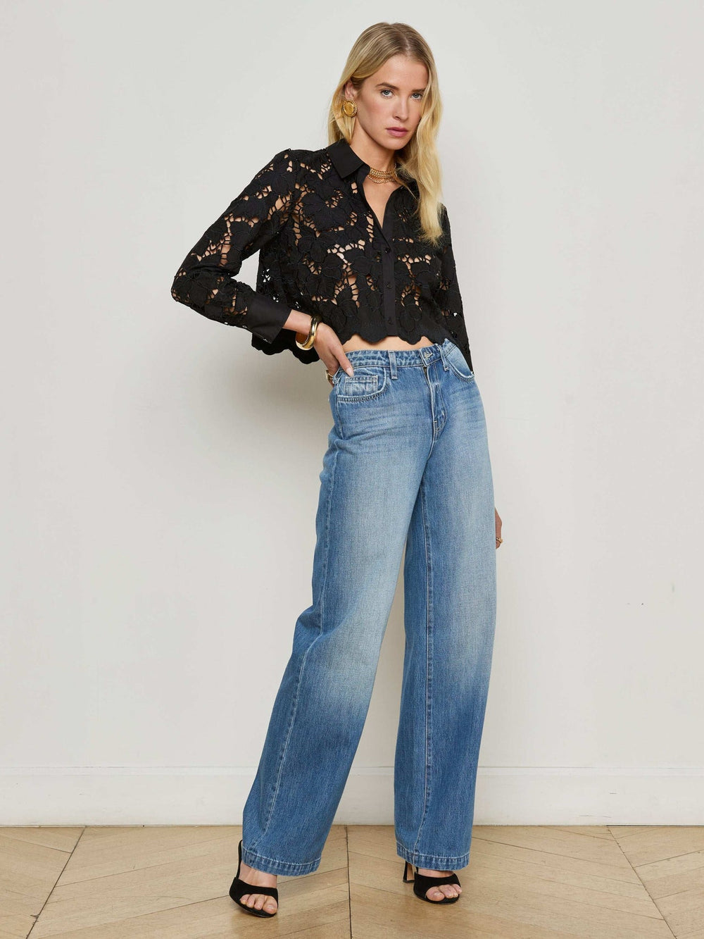 Seychelle Cropped Eyelet Blouse in Black | L'AGENCE Women