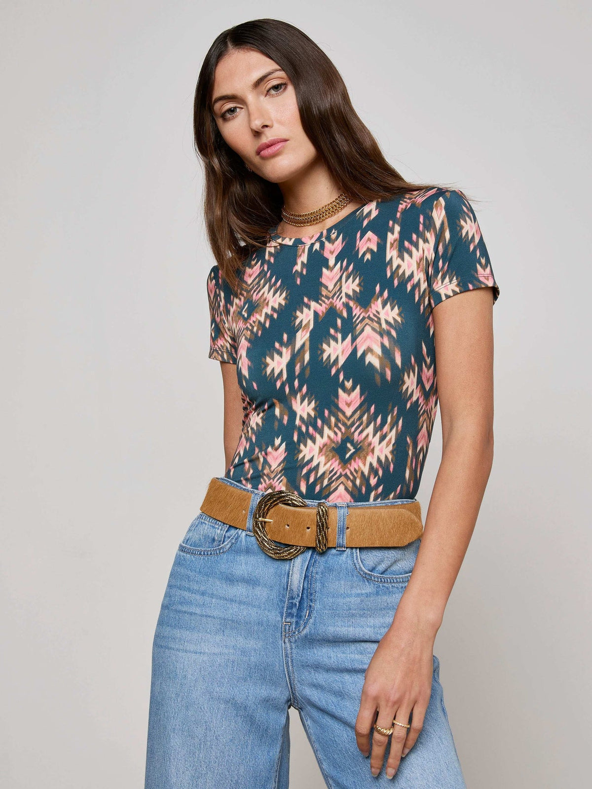 Ressi Fitted Tee in Charcoal Multi Ganado Print | L'AGENCE US