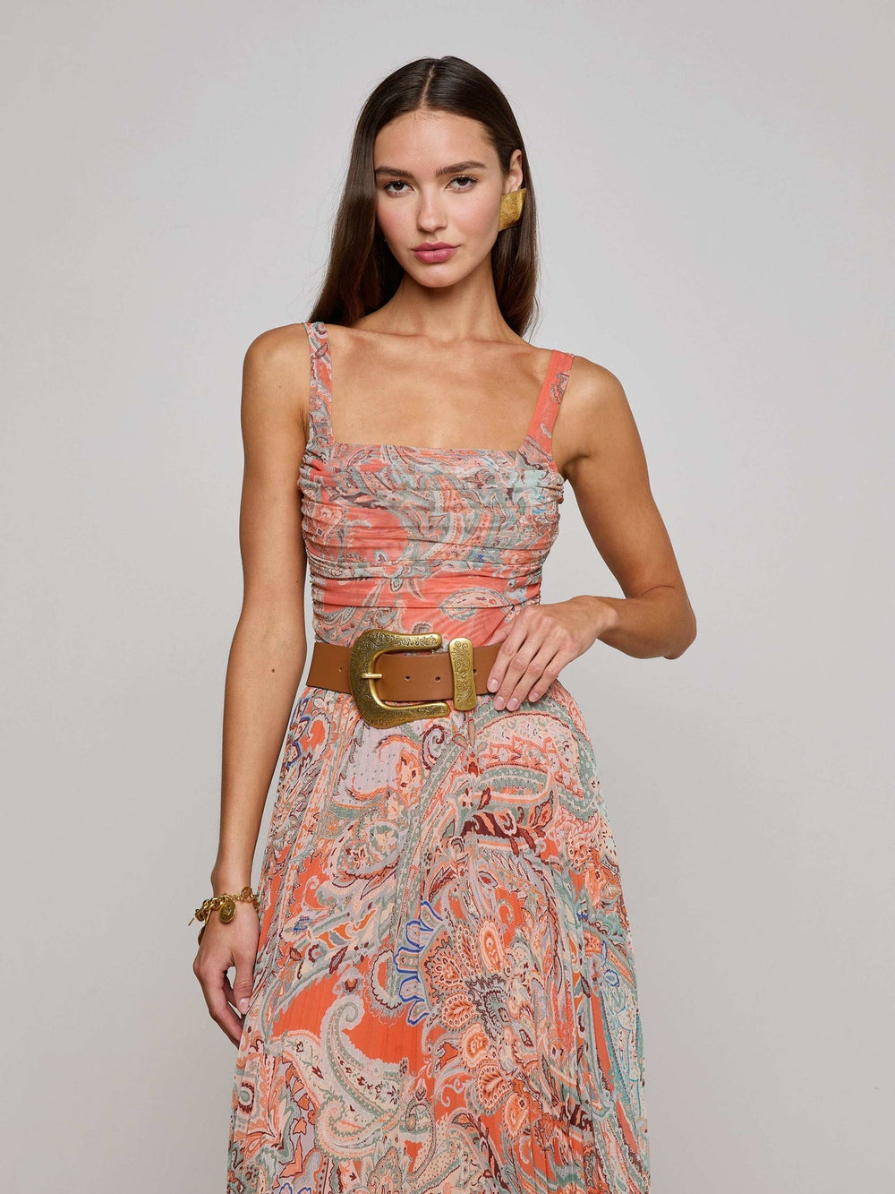 Rasha Mesh Paisley Tank in Orange/Light Blue Paisley Print | L'AGENCE online