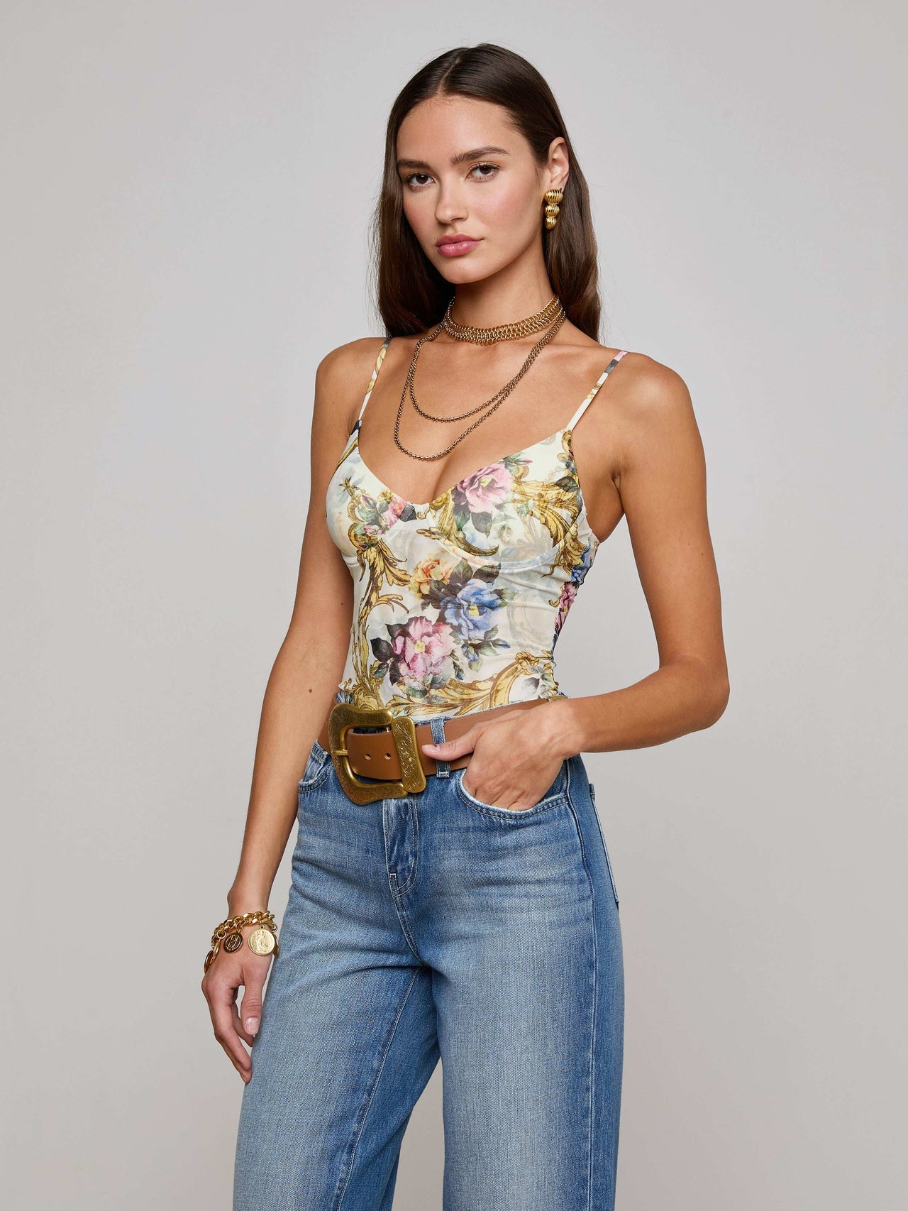 Vintage White Elowen Underwire Bodysuit, Baroque Floral Print | L'AGENCE Women