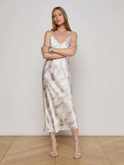 Seridie Silk Slip Dress in White Feather Print | L'AGENCE Women