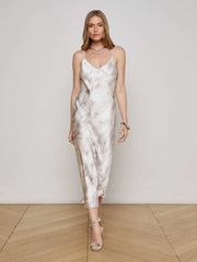 Seridie Silk Slip Dress in White Feather Print | L'AGENCE Women