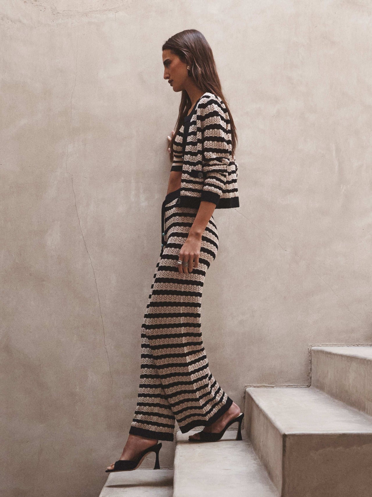 Orla Pointelle Knit Cardigan in Black/Natural Stripe | L'AGENCE for sale