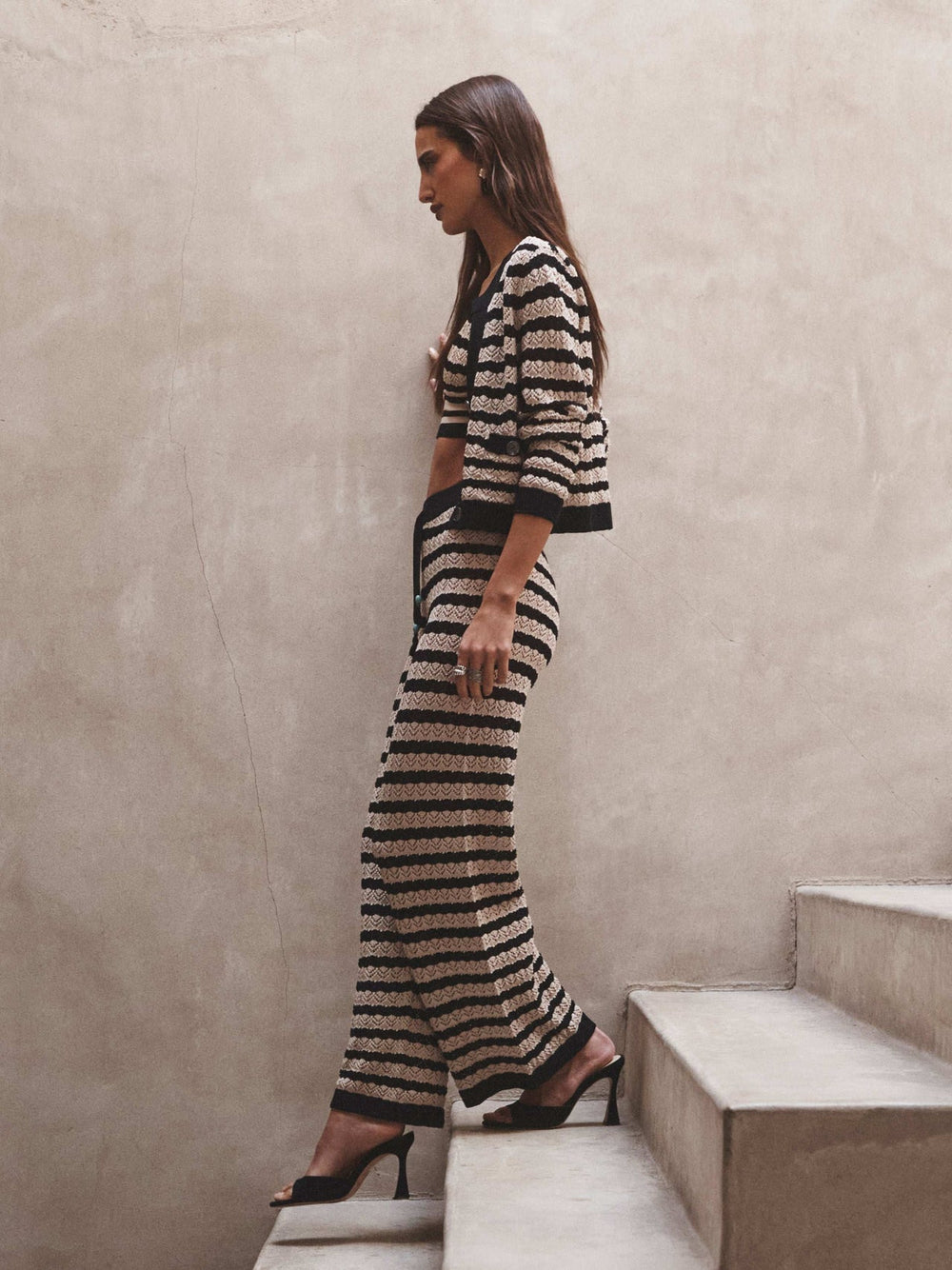 Orla Pointelle Knit Cardigan in Black/Natural Stripe | L'AGENCE for sale