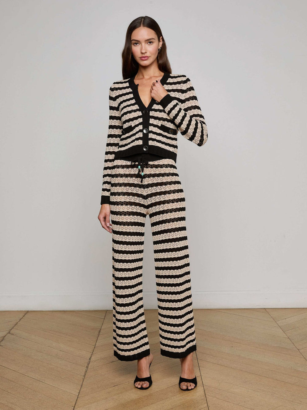 Orla Pointelle Knit Cardigan in Black/Natural Stripe | L'AGENCE for sale