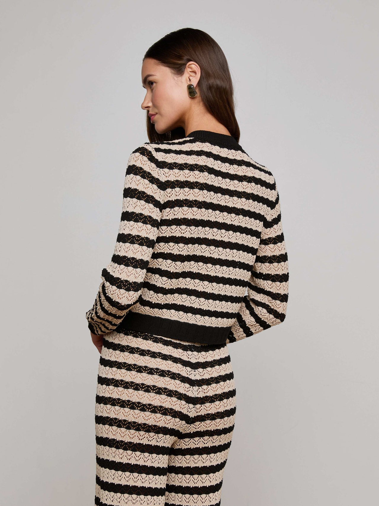 Orla Pointelle Knit Cardigan in Black/Natural Stripe | L'AGENCE for sale