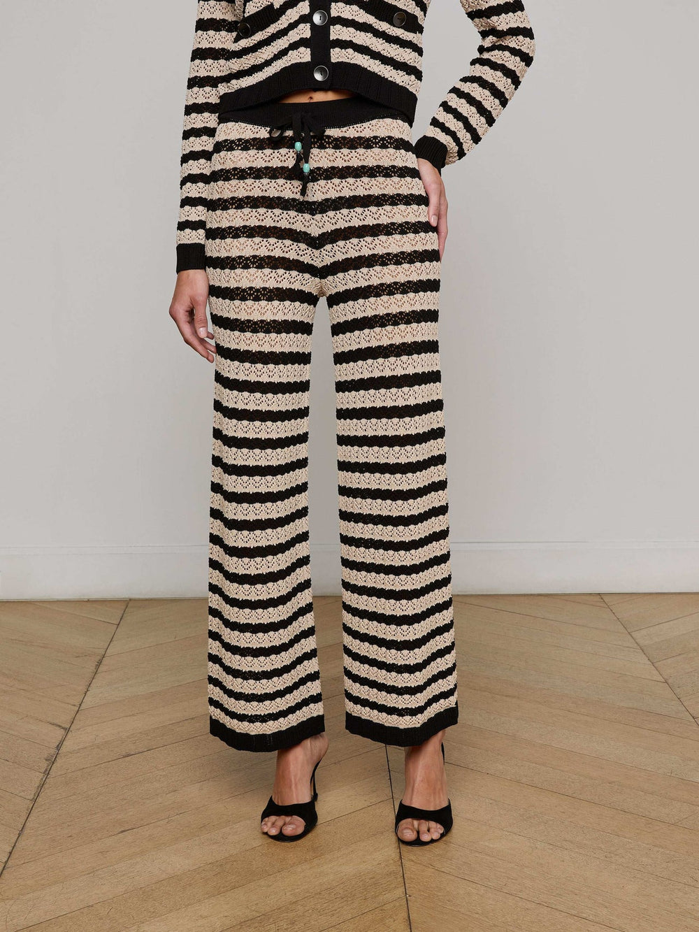 Gaelle Pointelle Knit Pant in Black/Natural Stripe | L'AGENCE Women