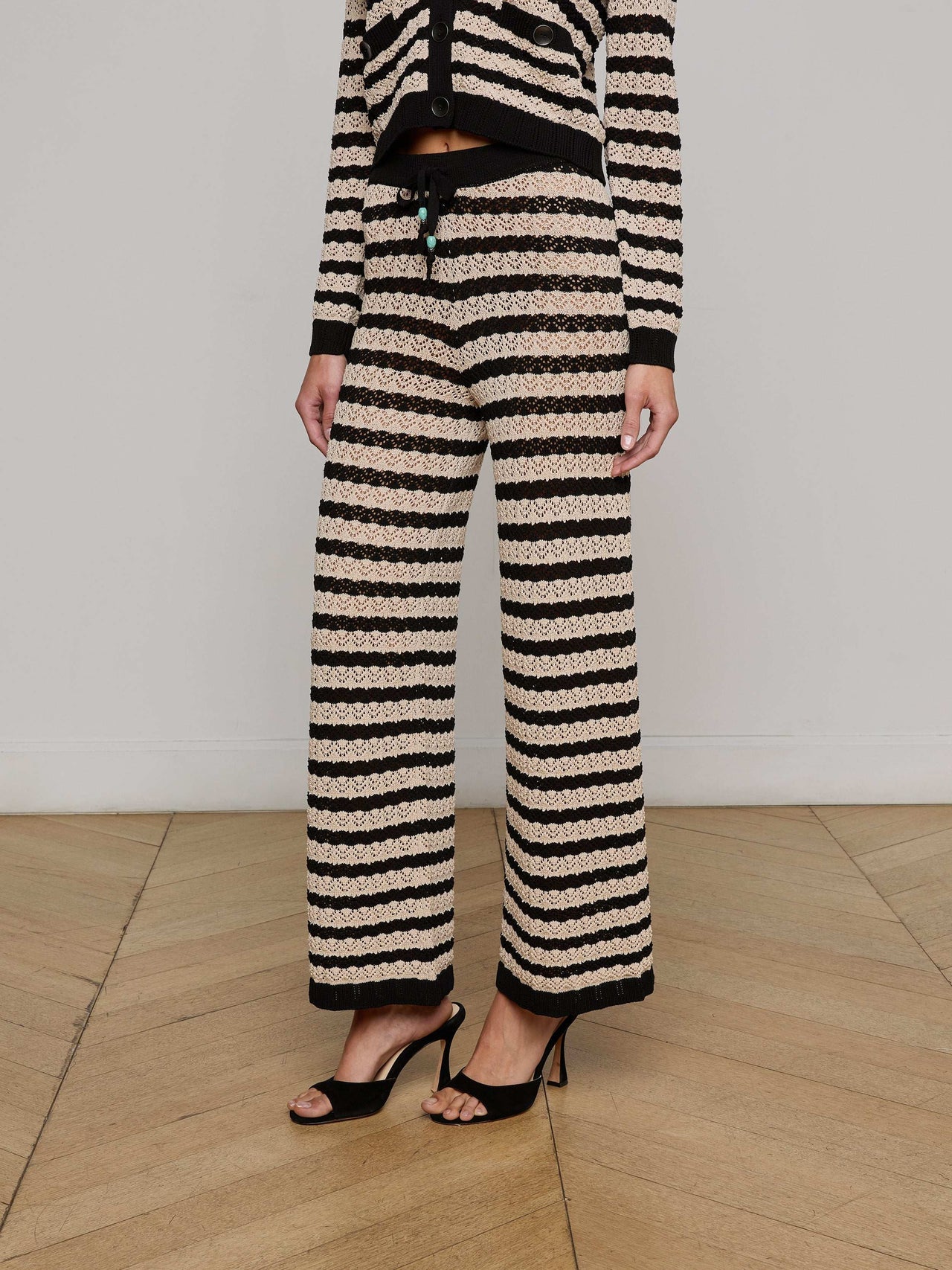 Gaelle Pointelle Knit Pant in Black/Natural Stripe | L'AGENCE Women