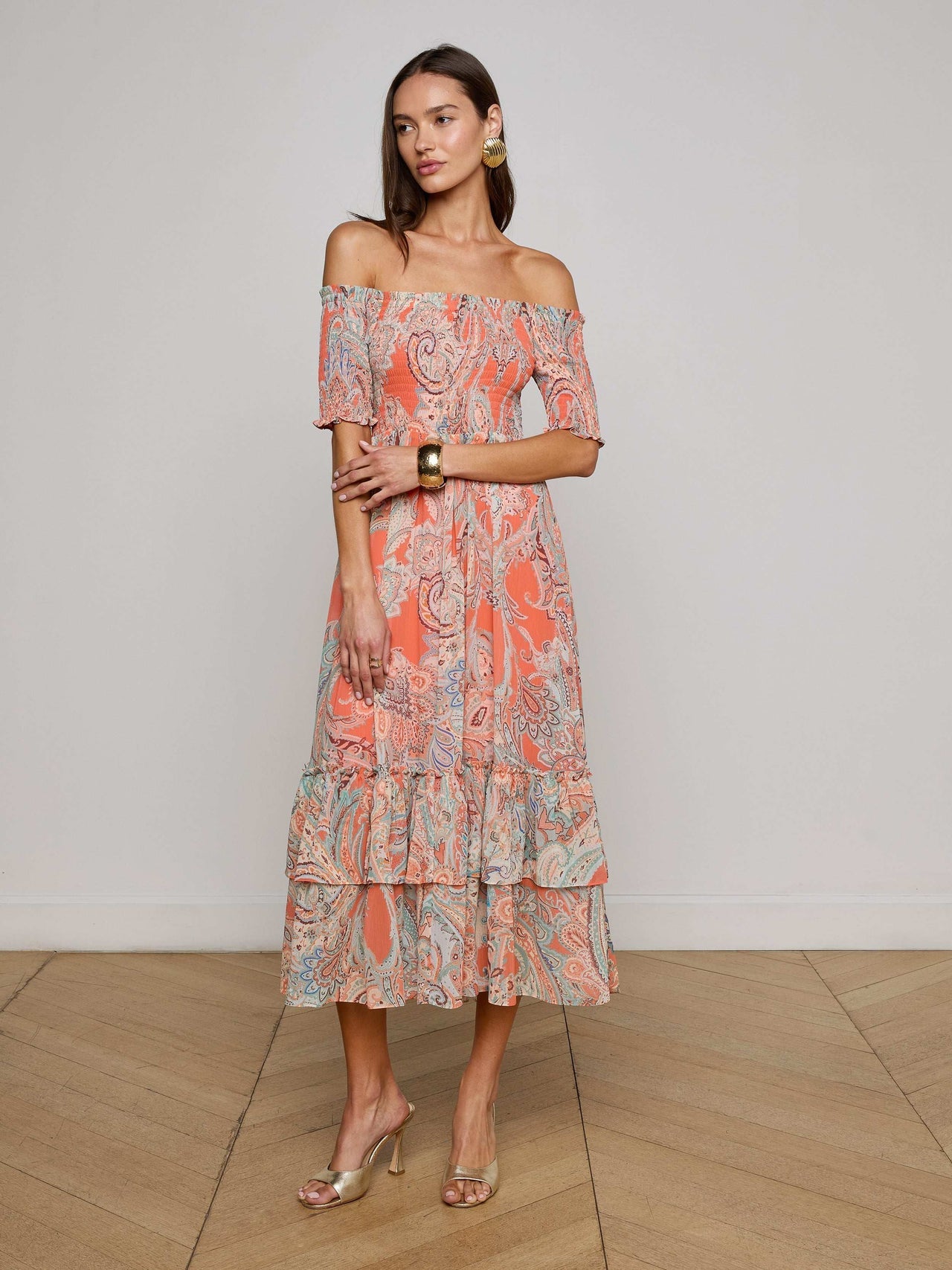 Oriel Off-The-Shoulder Dress - Orange/Light Blue Paisley | L'AGENCE for sale