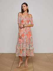 Oriel Off-The-Shoulder Dress - Orange/Light Blue Paisley | L'AGENCE for sale