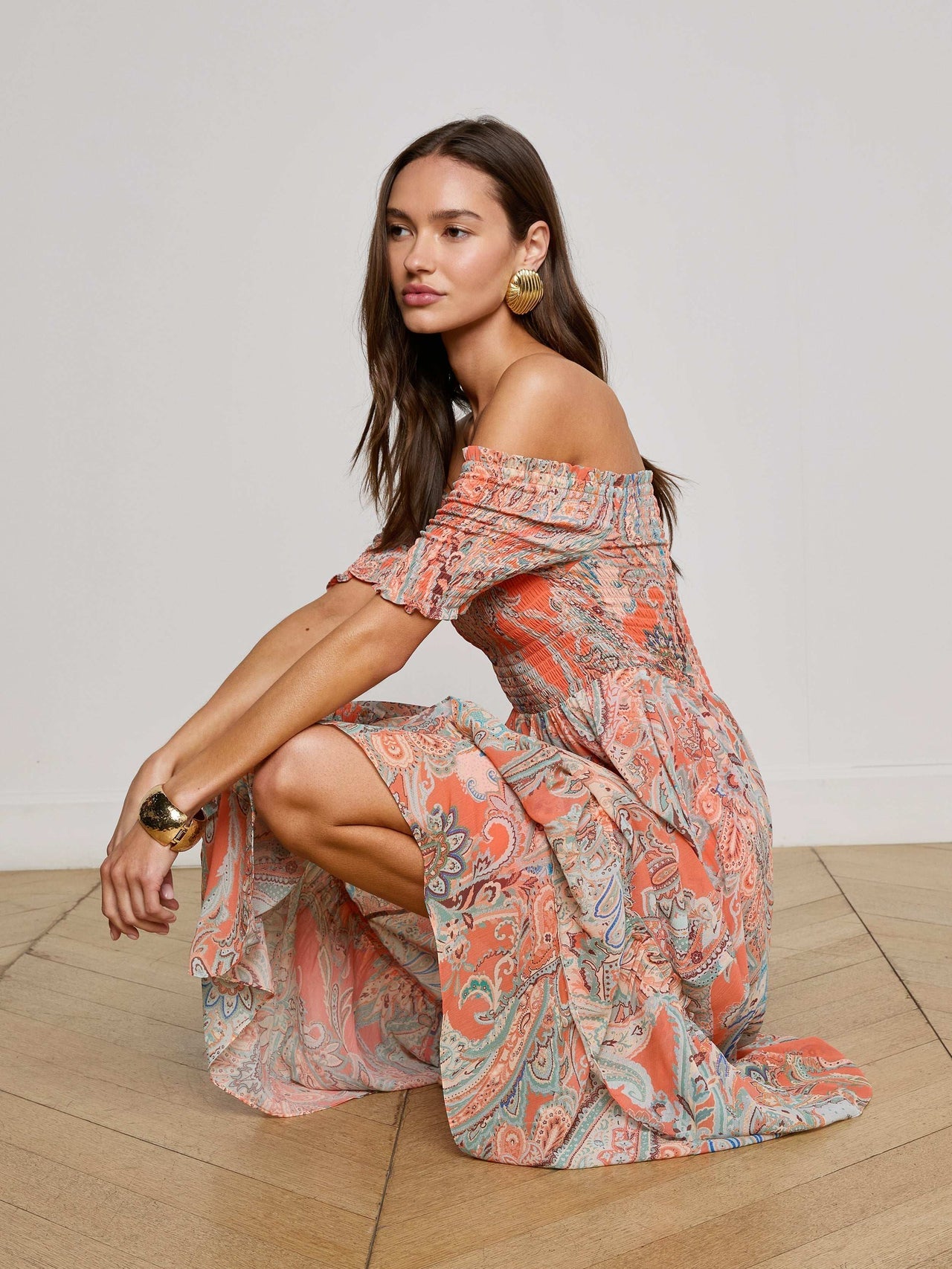 Oriel Off-The-Shoulder Dress - Orange/Light Blue Paisley | L'AGENCE for sale