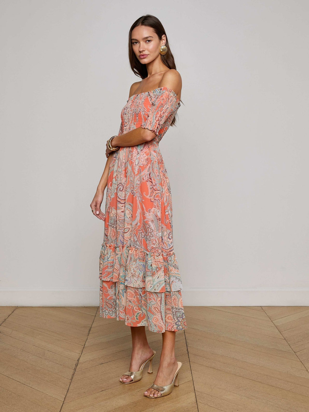 Oriel Off-The-Shoulder Dress - Orange/Light Blue Paisley | L'AGENCE for sale