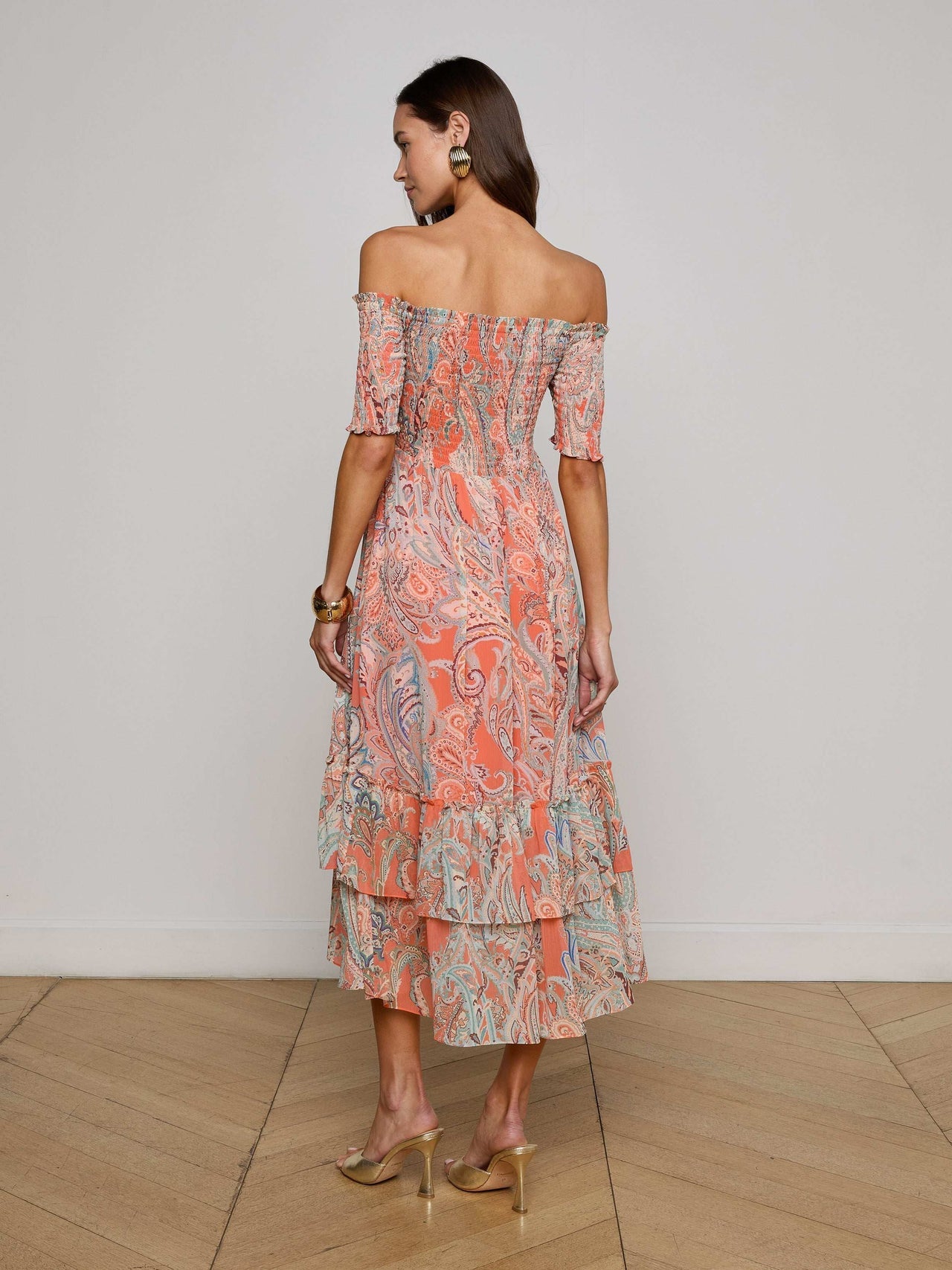 Oriel Off-The-Shoulder Dress - Orange/Light Blue Paisley | L'AGENCE for sale