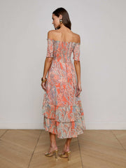 Oriel Off-The-Shoulder Dress - Orange/Light Blue Paisley | L'AGENCE for sale