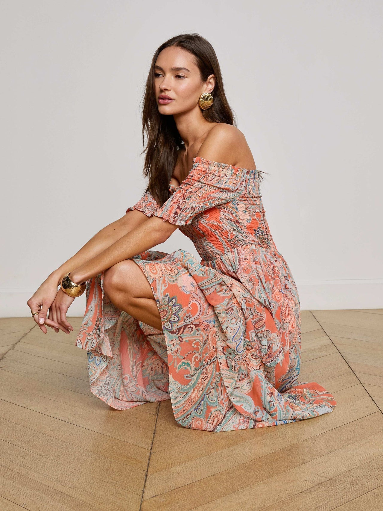 Oriel Off-The-Shoulder Dress - Orange/Light Blue Paisley | L'AGENCE for sale
