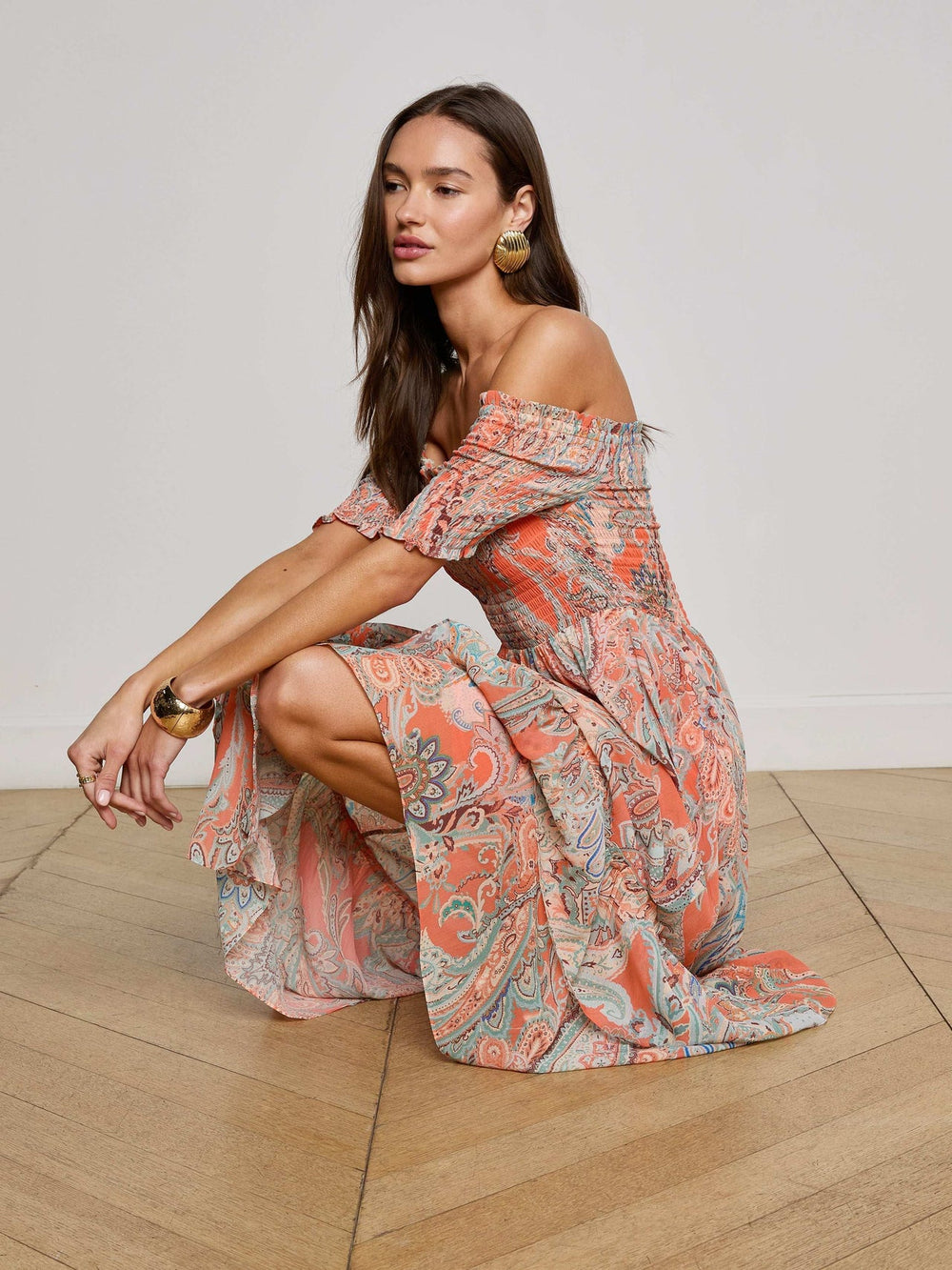 Oriel Off-The-Shoulder Dress - Orange/Light Blue Paisley | L'AGENCE for sale