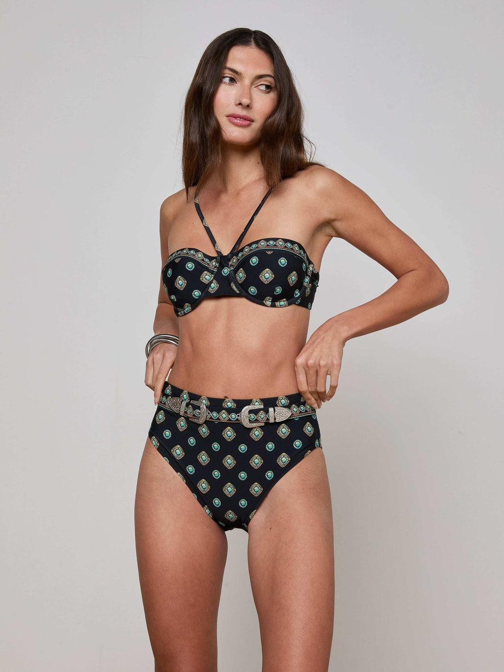 Vanessa High-Waisted Bikini Bottom in Medallion print | L'AGENCE online