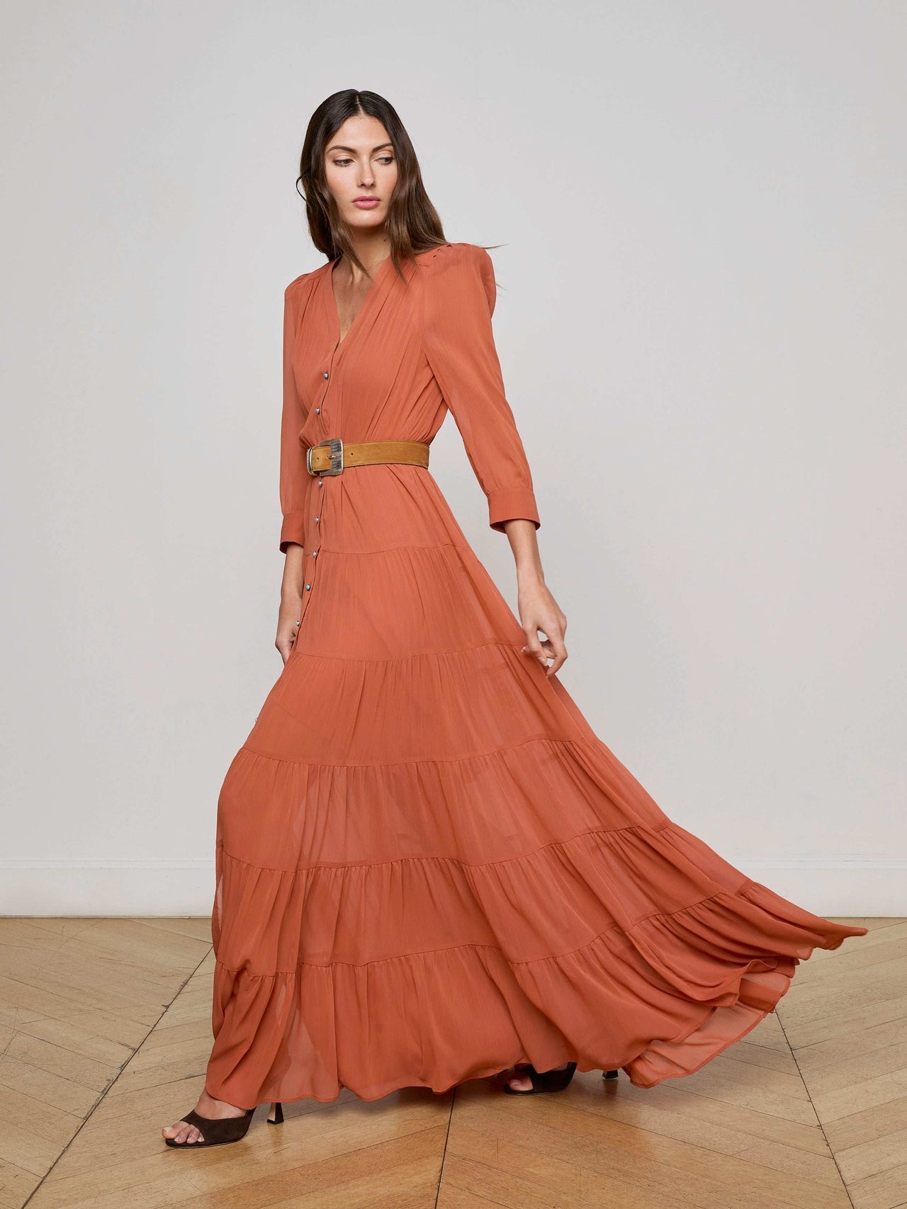 Seraphina Tiered Maxi Dress in Baked Clay | L'AGENCE discount