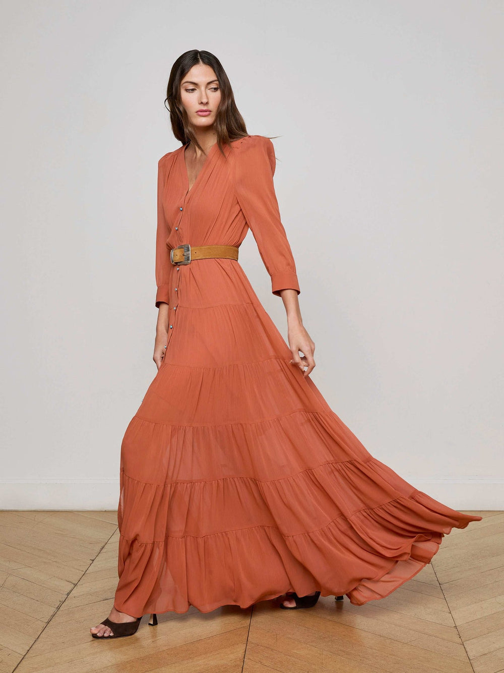 Seraphina Tiered Maxi Dress in Baked Clay | L'AGENCE discount