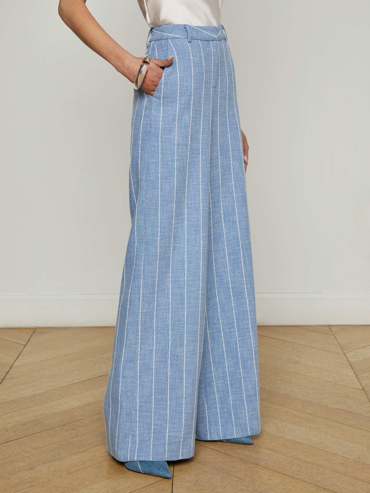 Pilar Pinstriped Wide-Leg Pant in Sky Blue/White Pinstripe | L'AGENCE near me