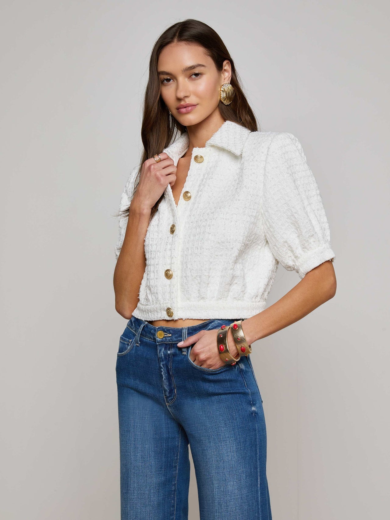 Cove Cropped Tweed Jacket in White | L'AGENCE US