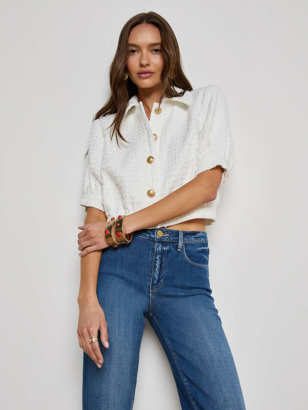 Cove Cropped Tweed Jacket in White | L'AGENCE US