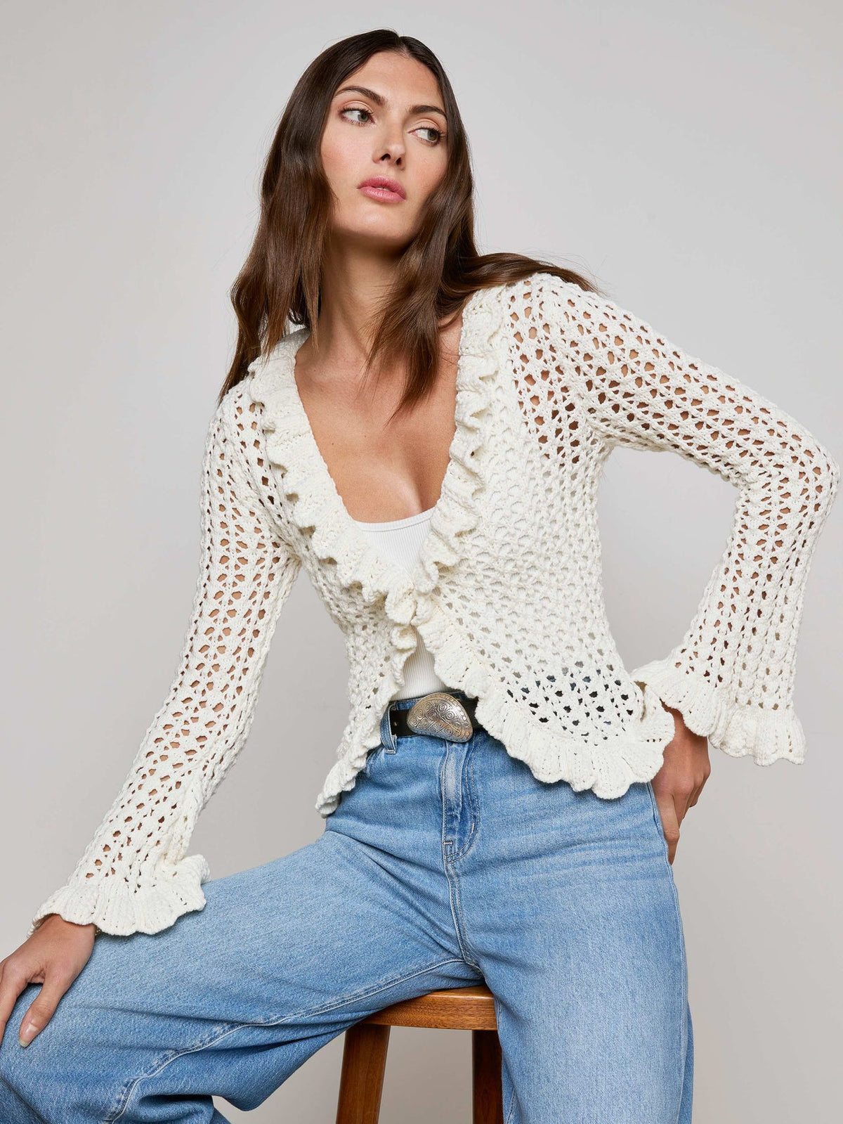 Solaris Crocheted Cardigan in Ivory | L'AGENCE sale