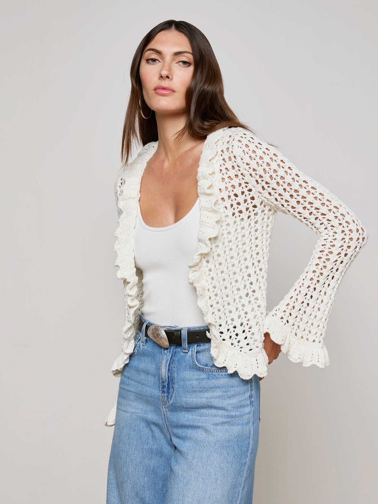 Solaris Crocheted Cardigan in Ivory | L'AGENCE sale