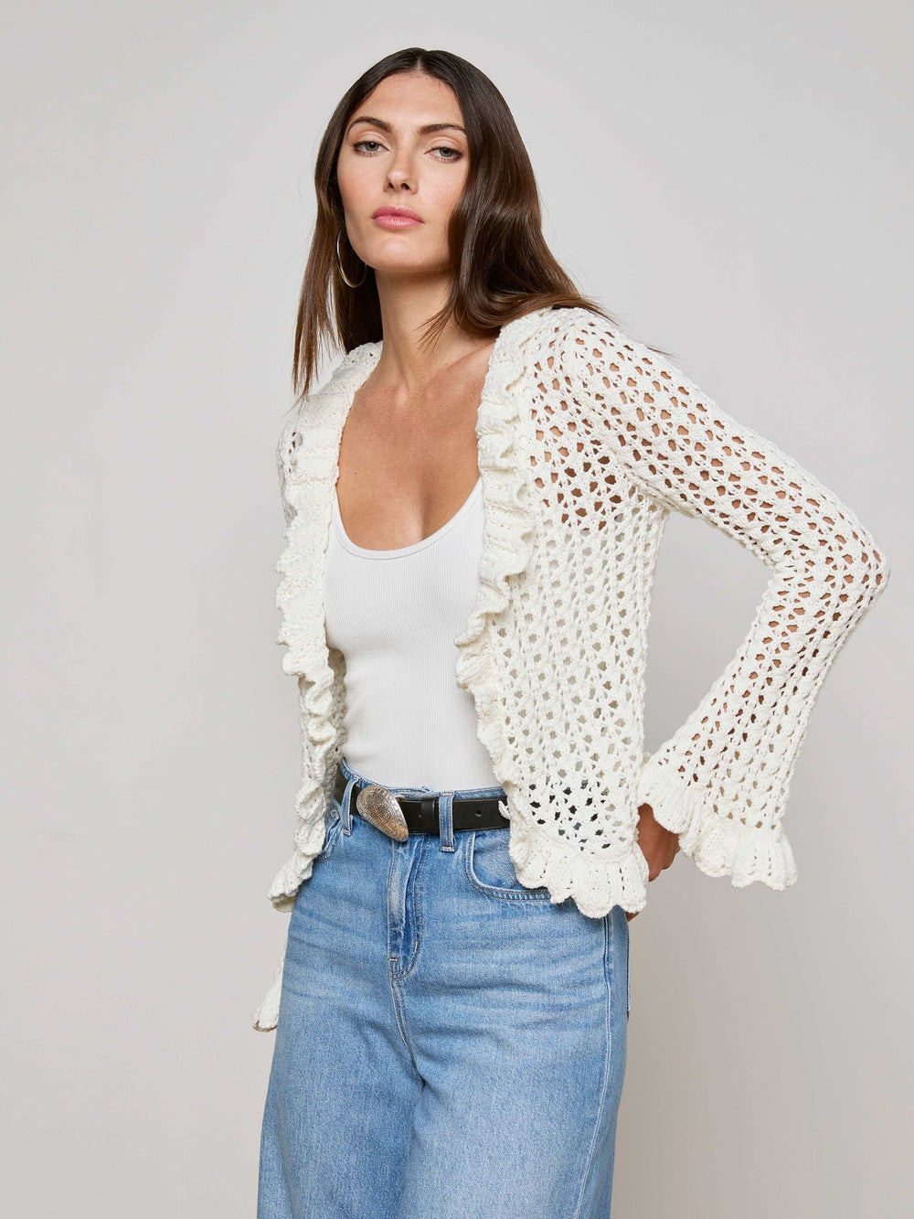 Solaris Crocheted Cardigan in Ivory | L'AGENCE sale