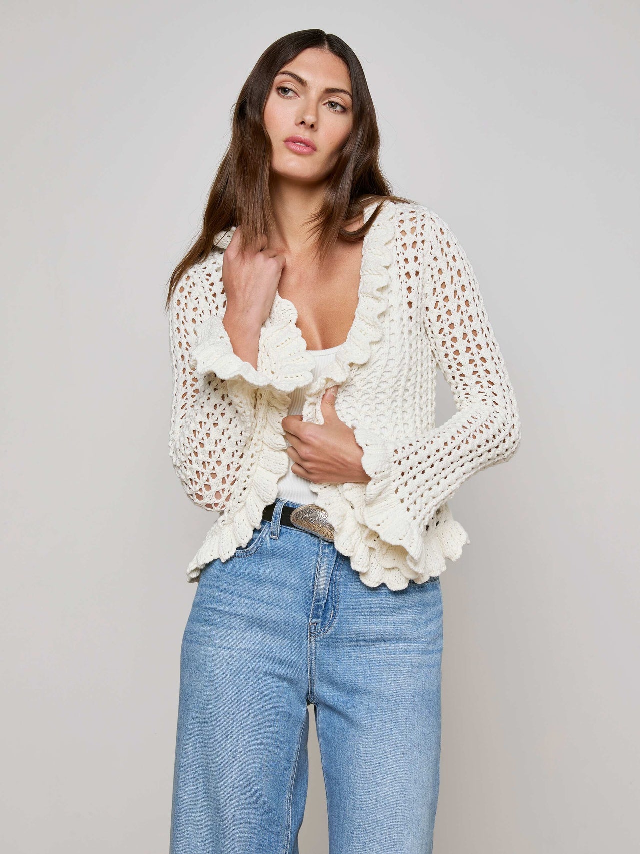 Solaris Crocheted Cardigan in Ivory | L'AGENCE sale