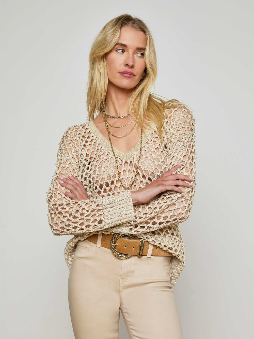 Nashwa Embellished Sweater in Natural Multi Pearls | L'AGENCE discount