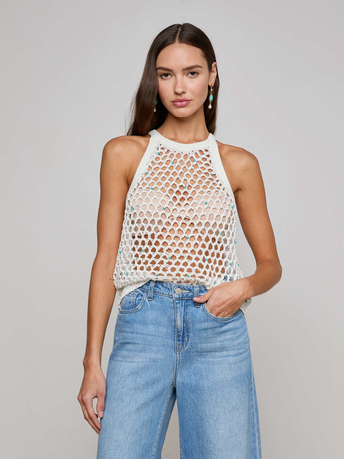 Parmida Embellished Tank in Ivory/Turquoise Beads | L'AGENCE online