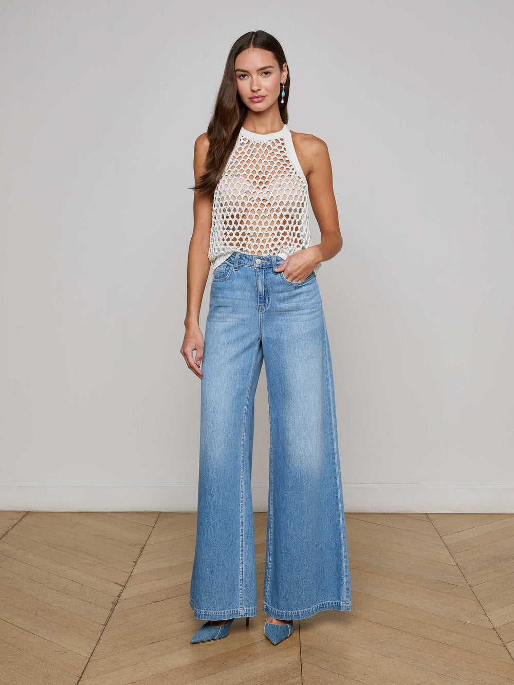 Parmida Embellished Tank in Ivory/Turquoise Beads | L'AGENCE online