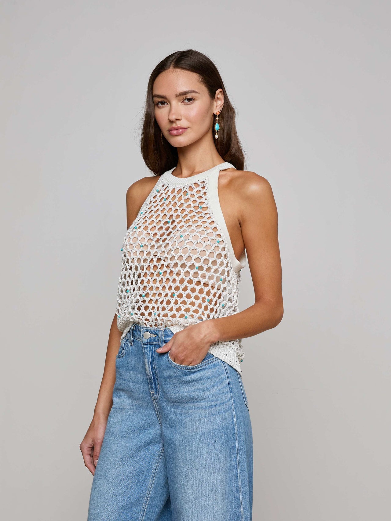 Parmida Embellished Tank in Ivory/Turquoise Beads | L'AGENCE online