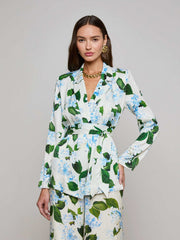 Ciara Satin Robe Top in Ivory/Light Blue Large Hydrangea | L'AGENCE sale