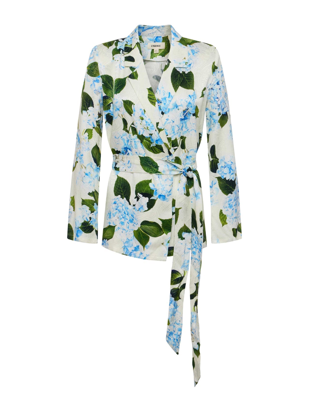 Ciara Satin Robe Top in Ivory/Light Blue Large Hydrangea | L'AGENCE sale