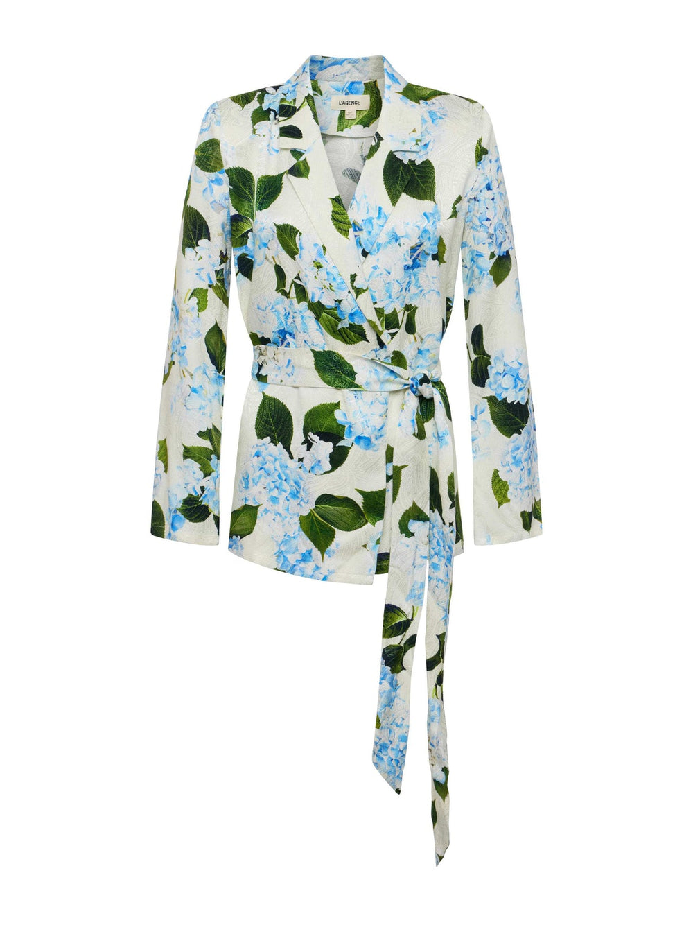 Ciara Satin Robe Top in Ivory/Light Blue Large Hydrangea | L'AGENCE sale