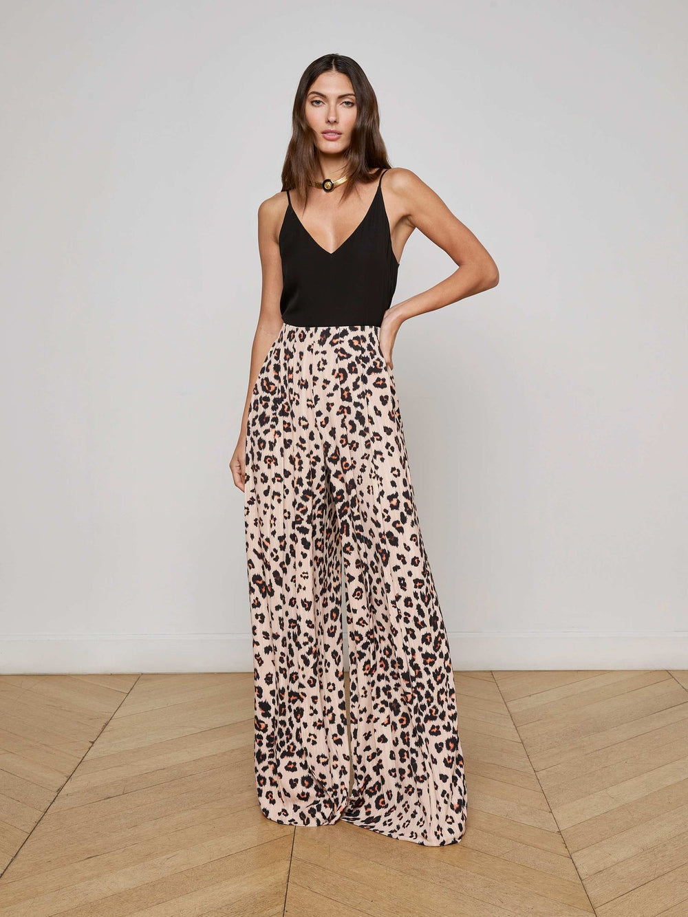 Nova Pleated Wide-Leg Pant in Tan Multi Ikat Leopard | L'AGENCE sale