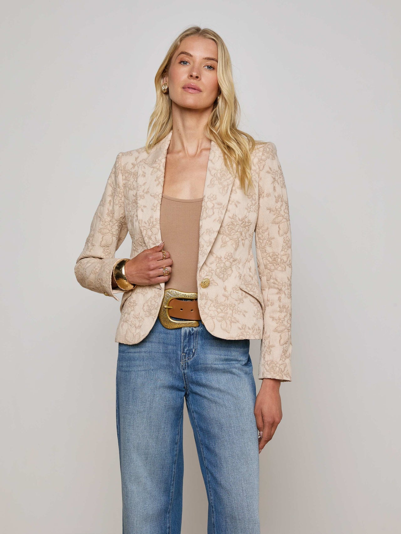 Jennah Jacquard Blazer in Neutral Crinkle Twill | L'AGENCE Women