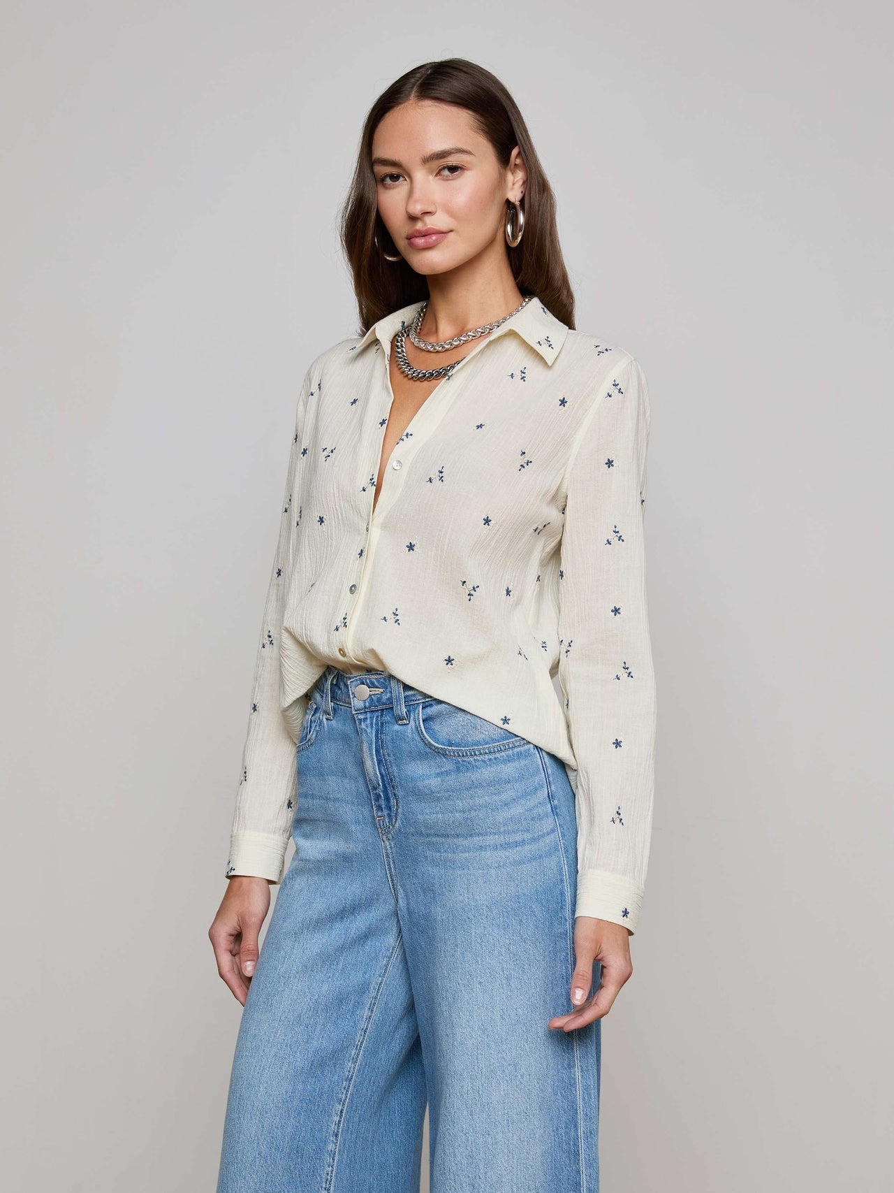 Ecru Laurent Embroidered Blouse with Multiple Blue Flowers | L'AGENCE for sale