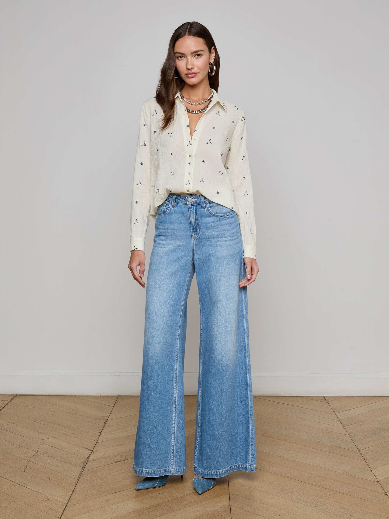 Ecru Laurent Embroidered Blouse with Multiple Blue Flowers | L'AGENCE for sale