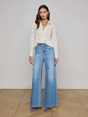 Ecru Laurent Embroidered Blouse with Multiple Blue Flowers | L'AGENCE for sale
