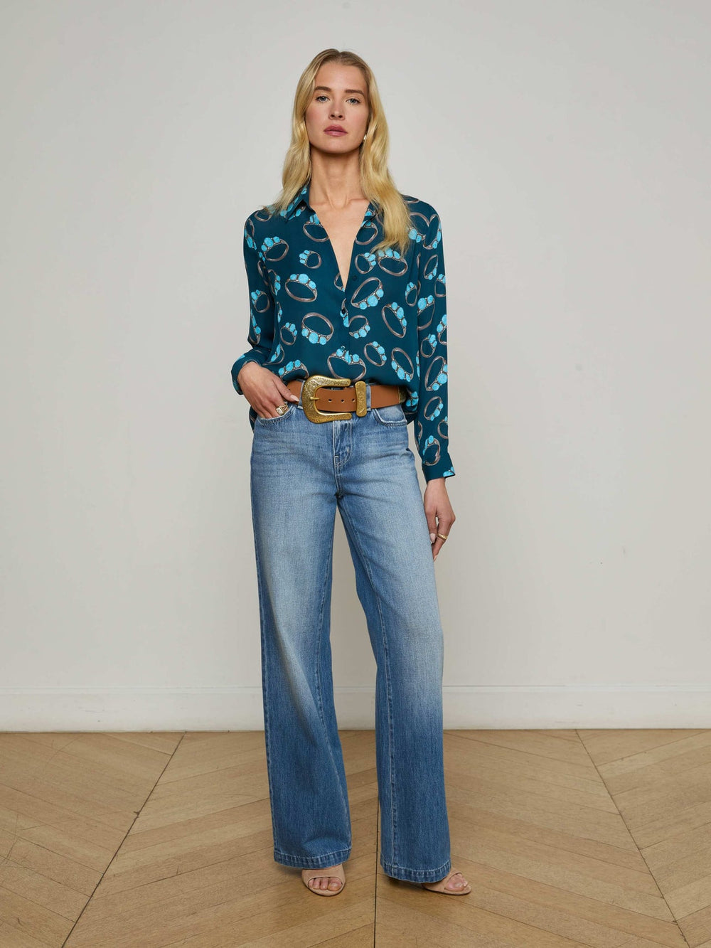 Nina Silk Blouse in Midnight Multi Turquoise Stone | L'AGENCE sale
