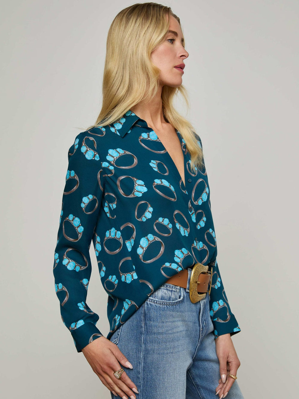 Nina Silk Blouse in Midnight Multi Turquoise Stone | L'AGENCE sale
