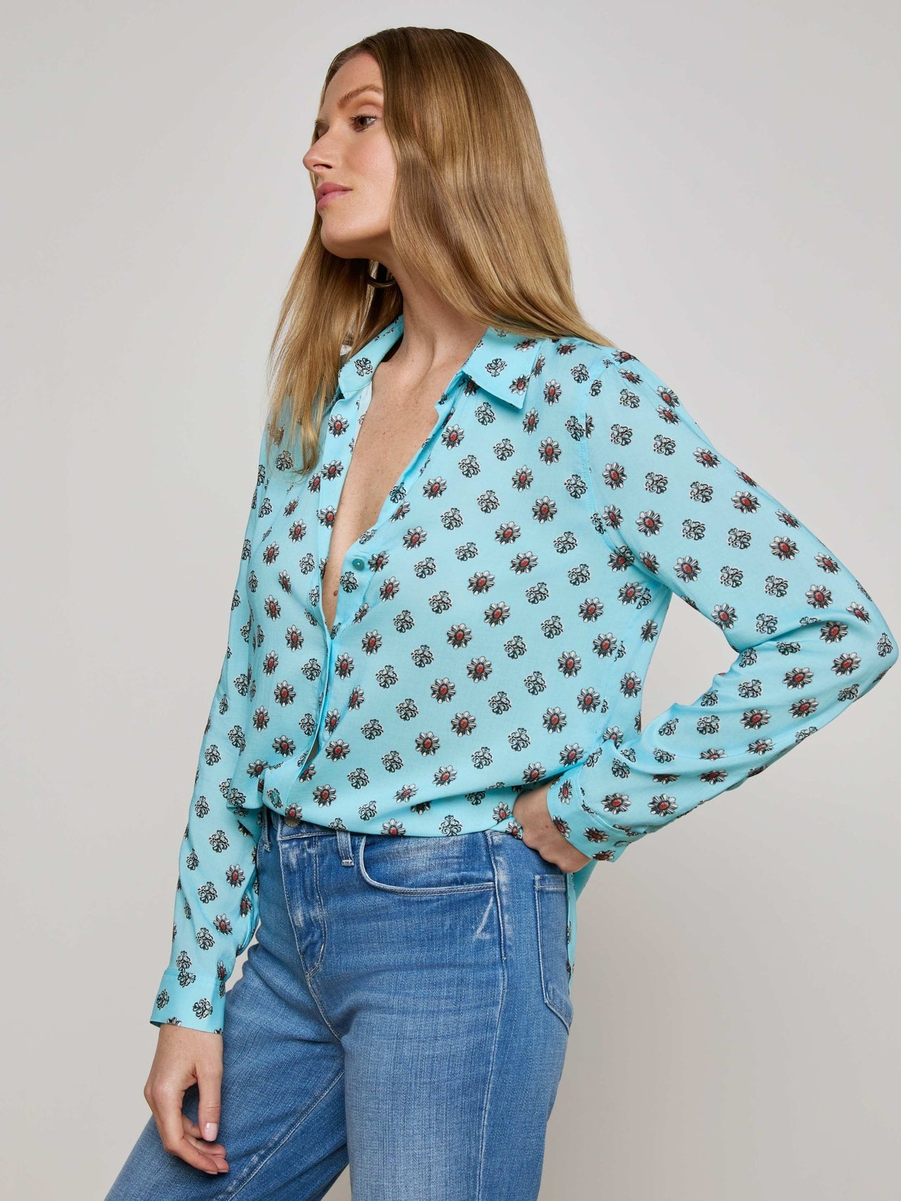 Holly Blouse in Light Turquoise/Coral Stone Foula | L'AGENCE discount