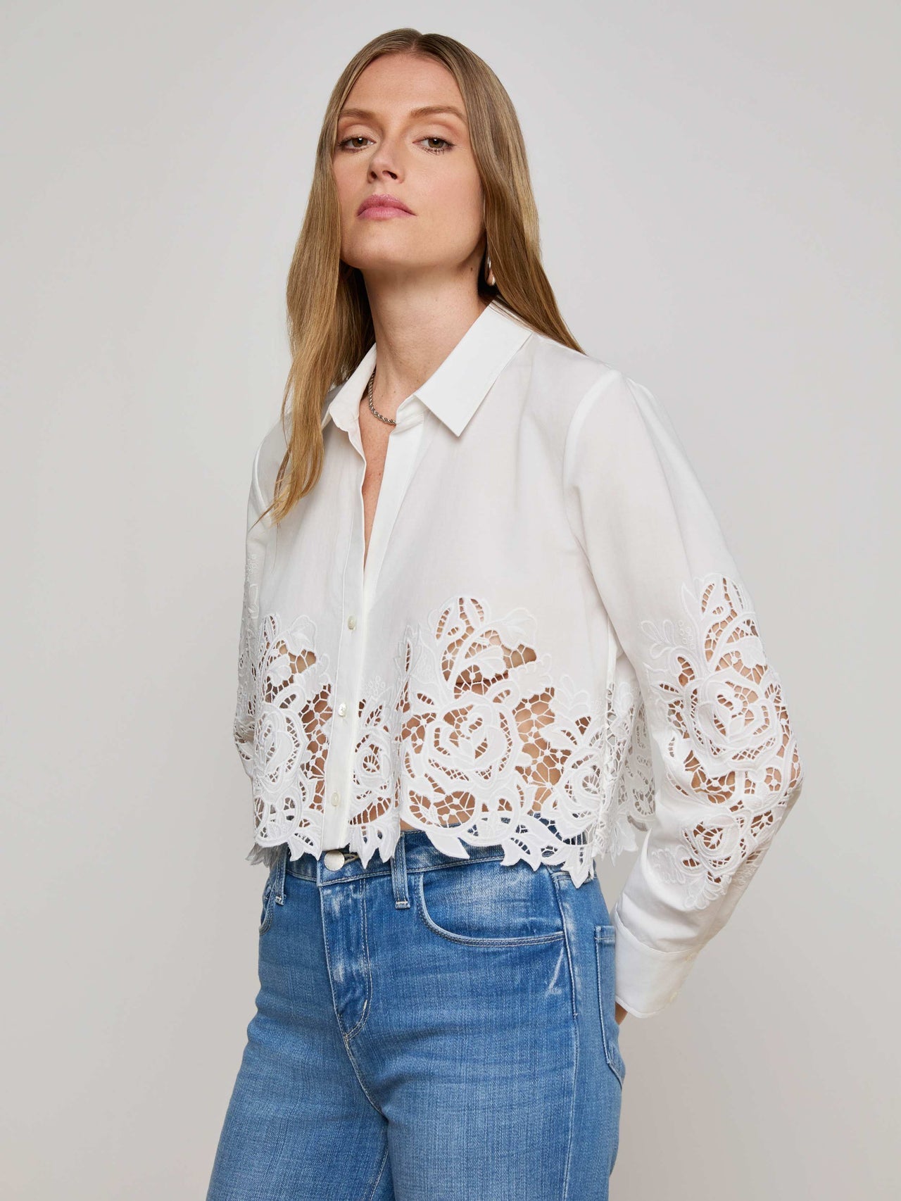 Seychelle Cropped Eyelet Blouse in White | L'AGENCE US