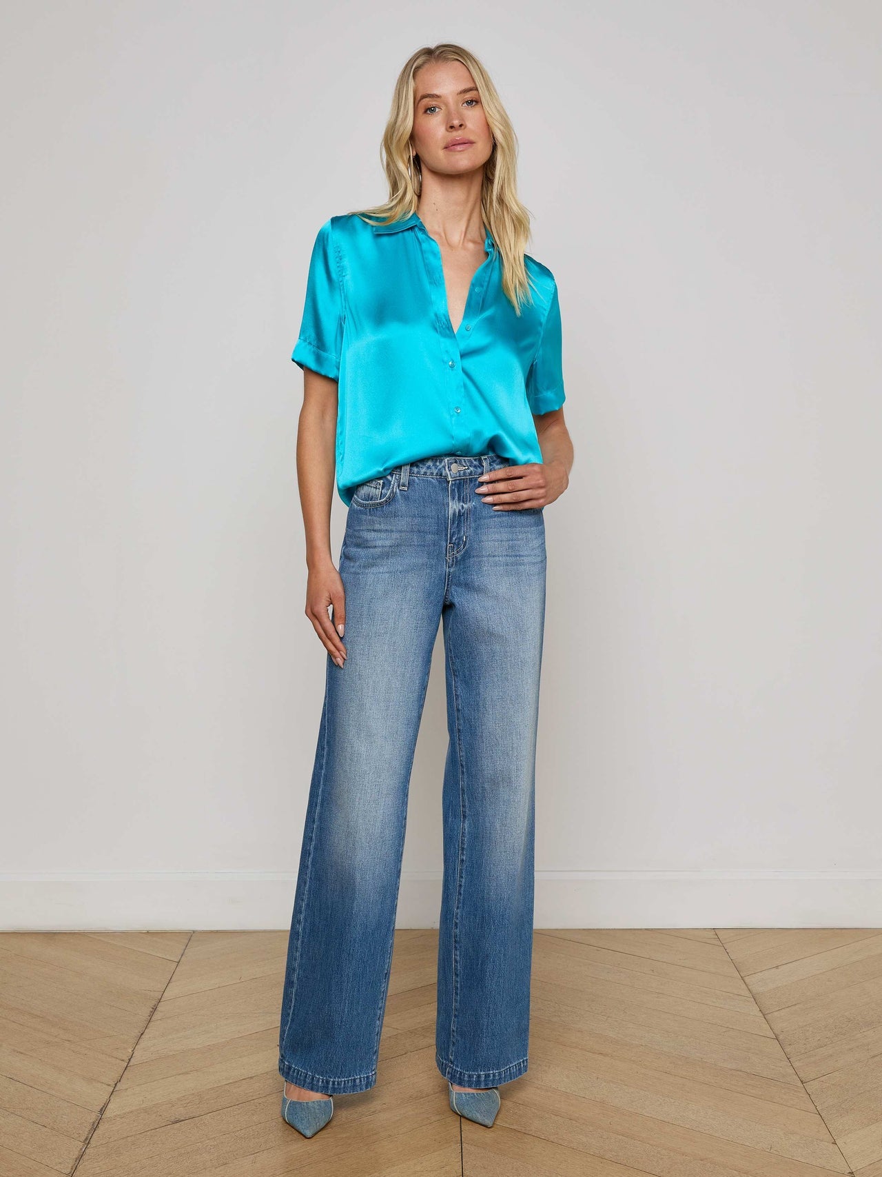Ellah Silk Blouse in Bright Aqua | L'AGENCE US